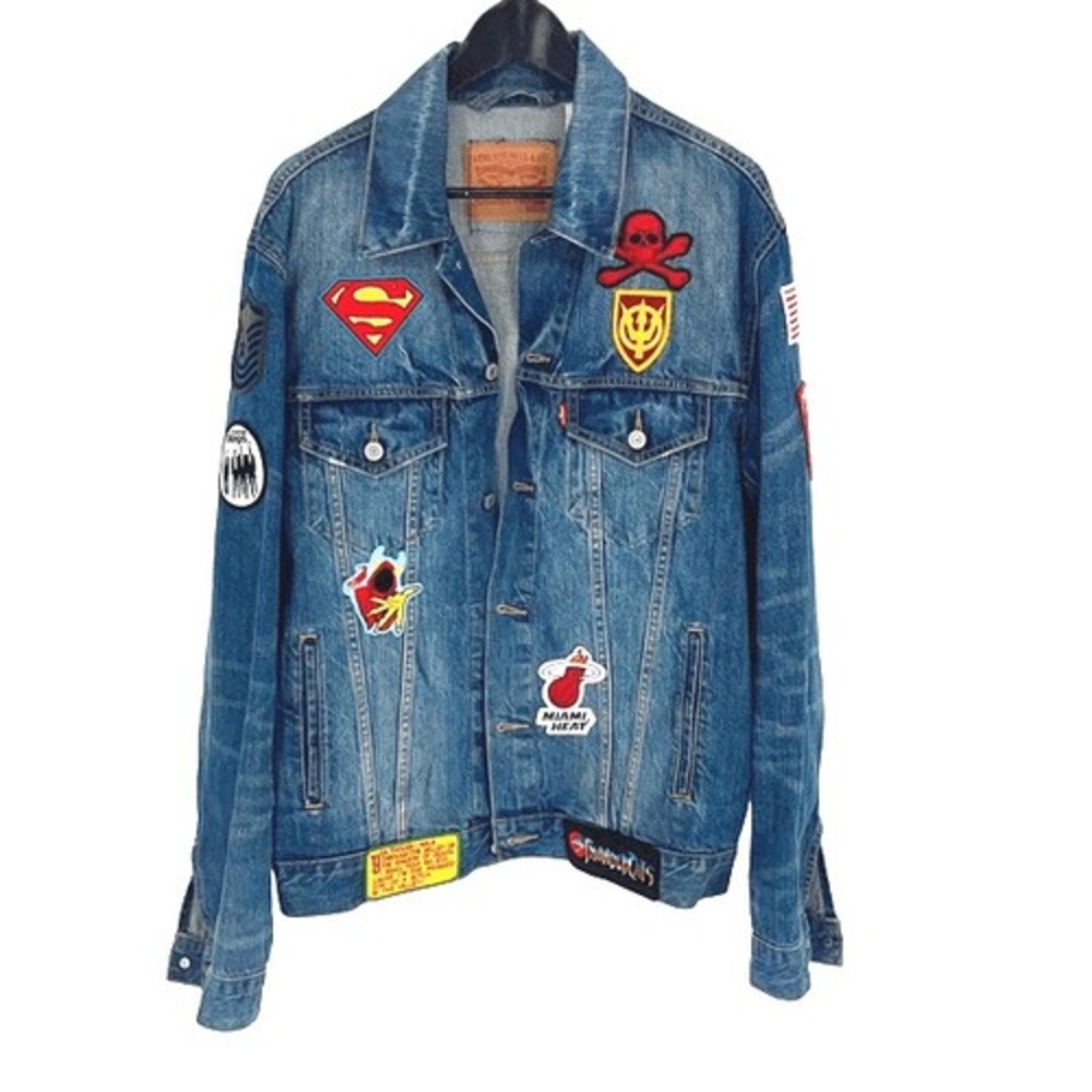 Vintage Levi's Mens Collared Custom‎ Mixed Patches Long Sleeve Denim Jacket Blue